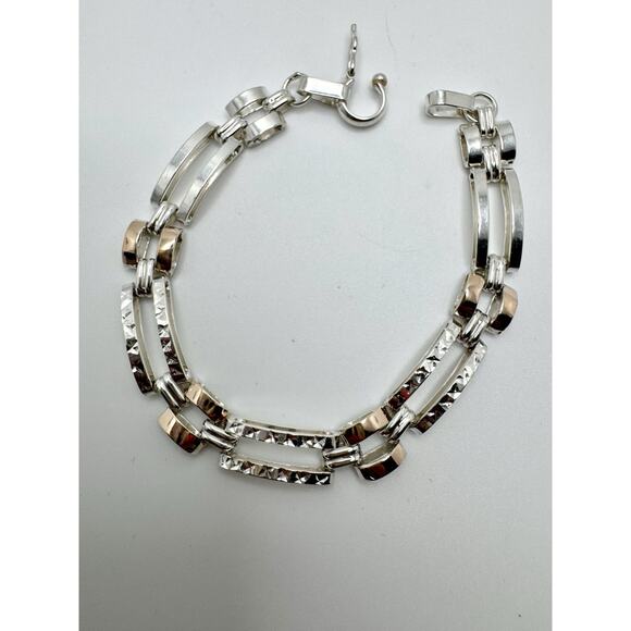 Designer Peruvian Sterling Silver 950 and 18K Gold Inlay Bracelet - 7.5” - Picture 3 of 6